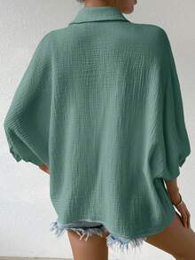 SHEIN Camisa de verano de botones delanteros suelta, cómoda y transpirable, de unicolor y textura - Verde - Ver 2