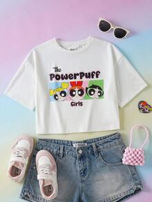 THE POWERPUFF GIRLS X SHEIN 少女卡通印花圆领短袖T恤 - 白色 - 查看 1