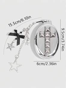 ROMWE Kawaii 1Pc Punk Style Rivet Cross Foldable Comb & Mirror Set, Back To School & Graduation Season Air Cushion Comb, DIY Portable Pocket Comb Mirror For Punk Vibes - Grey 1 - View 2