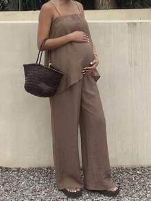 休闲度假风宽松吊带背心和长裤两件套，棕色，孕妇装 - 棕色 - 查看 8