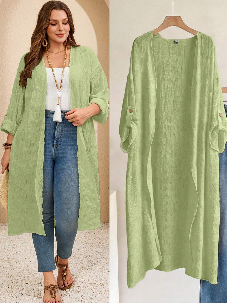 Plus Size Women Casual Solid Color Long Jacket