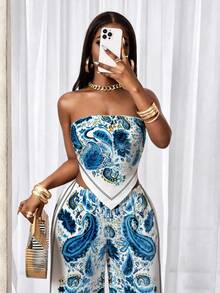 SHEIN BamGlam Bộ 2 món gồm áo croptop không dây in họa tiết Paisley phong cách Bohemian với vạt áo bất đối xứng và quần ống rộng cạp chun, thích hợp cho kỳ nghỉ, đi biển và mặc hàng ngày vào mùa xuân/hè. - Nhiều màu - Xem 7