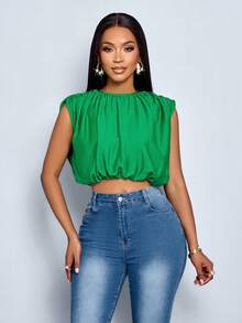 SOLERSUN Women Simple Spring Summer Daily Wear Solid Color Ruched Sleeveless Shirt Crop Tops For Ladies Casual - Green - View 4
