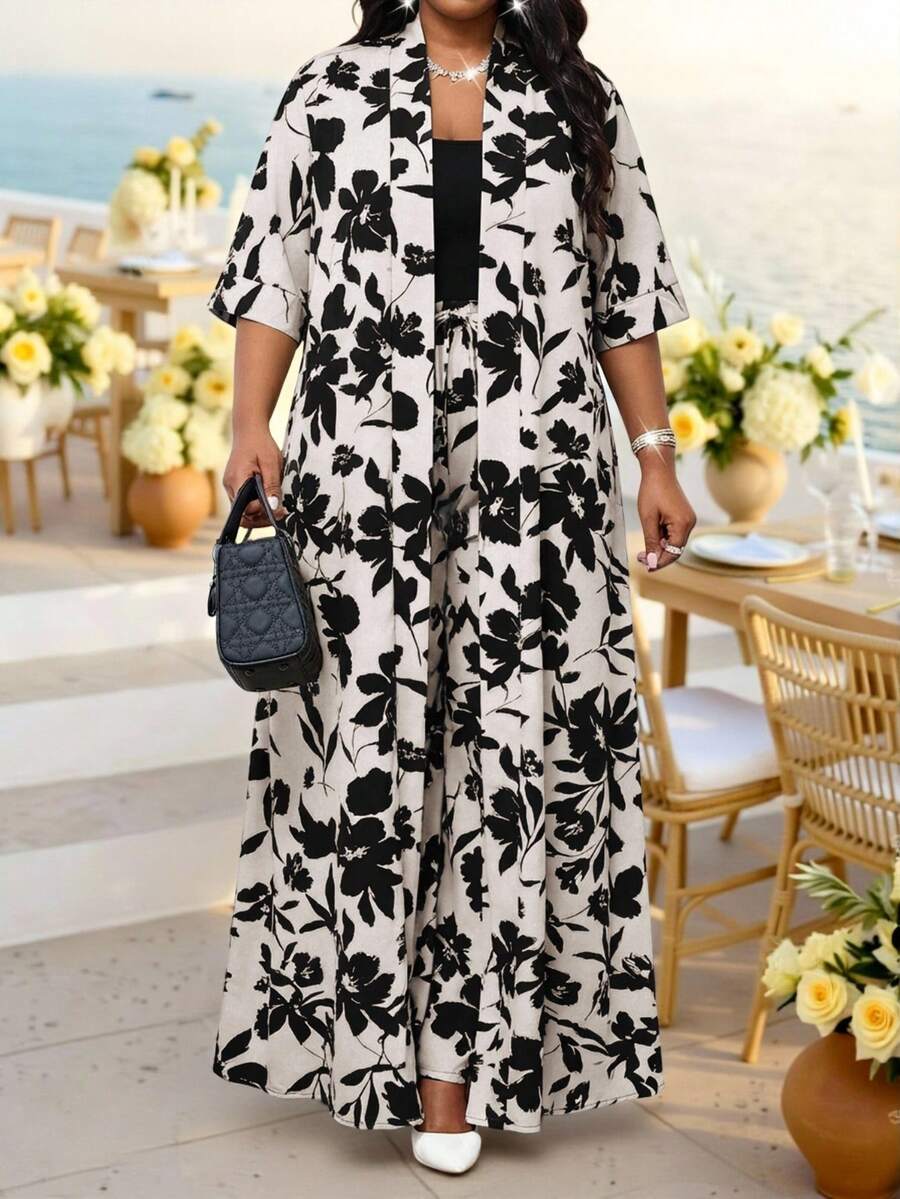 SHEIN Lady 時尚大尺碼黑白花卉寬腿褲套裝附開襟衫,女款休閒度假穿搭 - 黑與白 - 查看 1