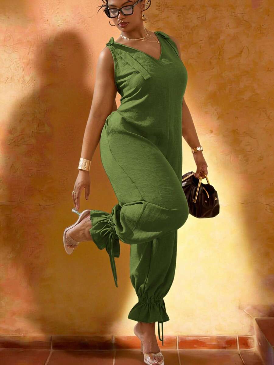 Veslaya Bộ jumpsuit ống rộng hai dây thắt nơ dáng dài dành cho nữ cỡ lớn mùa Xuân/Hè 2026, thích hợp cho các lễ hội âm nhạc, lễ Phục Sinh, tiệc sinh nhật, lễ tốt nghiệp, đi học, mặc hàng ngày, kỳ nghỉ, du thuyền, bãi biển, tắm nắng, phong cách đường phố, dự đám cưới, đi làm, ăn trưa, sân bay, tiệc tùng, sự kiện trang trọng, khiêu vũ. - xanh quân đội - Xem 1