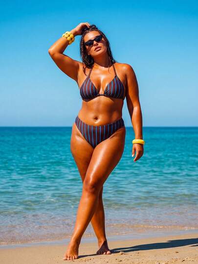 Swim Vcay 2026 Nuova primavera Bikini a due pezzi da donna taglie forti, a vita alta, con stampa a righe, colore kaki, con laccetti al collo