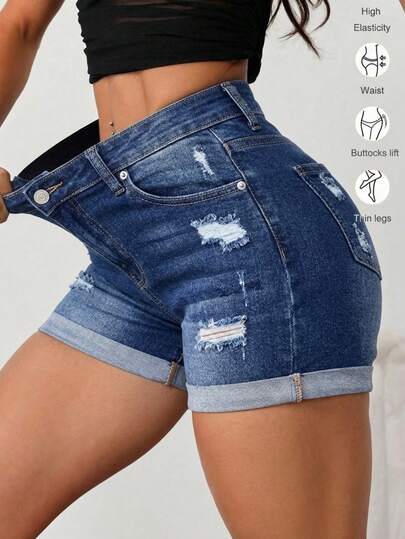 Pantalones cortos de mezclilla simples y diarios con huecos para mujeres, Shorts Mezclilla Stretch Bajo Doblez para mujeres, Jeans, Pantalones cortos vaqueros versátiles para mujer