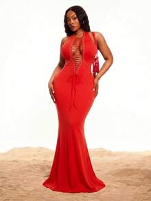 SHEIN SXY Plus Size Red Summer Bandage Halter Neck Tie Slim-Fit Long Dress Metallic Eyelets High-Elastic Knit Sleeveless Bohemian Sexy Elegant Party Vacation - Red - View 6