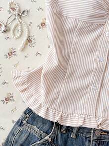 Blusa casual con pliegues en el pecho y volantes a rayas para niñas preadolescentes - Caqui - Ver 5