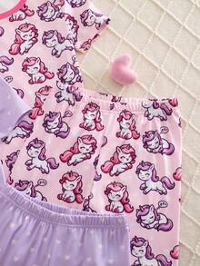 6-Piece Girls Snug Fit Pajama Set,Light Pink Summer Cute Graphic Sleep Loungewear,Short Sleeve Tops And Shorts,Cartoon Horse And Heart Patterns - Multicolor - View 6