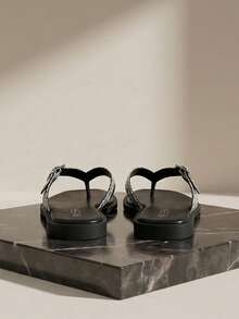 MUSERA Women's Square Toe Snake Print Thong Sandals - Gold Buckle Flat Flip Flops For Summer Beach - Black and White - View 4