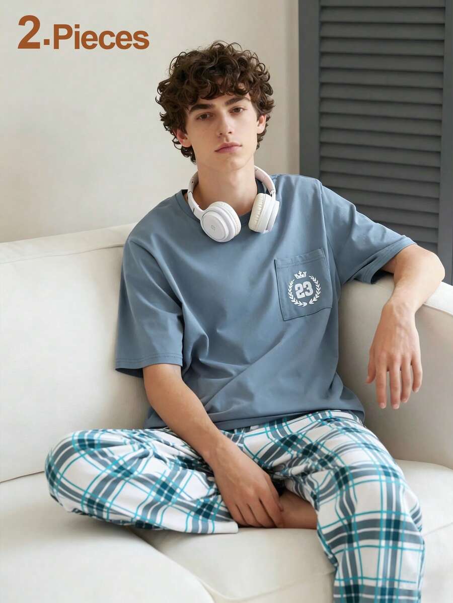 Set de 2 piezas: Pantalones a cuadros estilo caballero y top de manga corta con estampado numérico, conjunto casual para niños adolescentes - Gris Oscuro - Ver 1