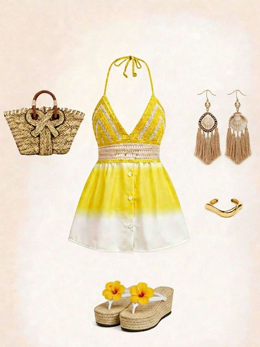 Breezaya 女士无袖渐变吊带背心,度假装 - 黃色 - 查看 1
