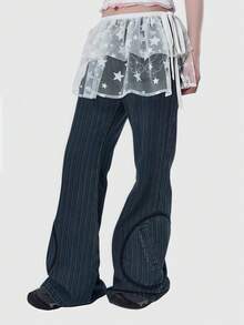 ROMWE Kawaii 1件白色Y2K星形蕾丝薄纱百褶裙，带百褶网纱遮羞帘，街头风裹身裙，适合日常、外出穿着，仅限女性 - 白色 - 查看 3