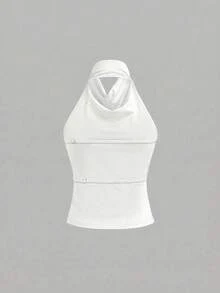 Áo tank top cổ cao Lus Size kiểu dáng thanh lịch, cổ yếm, chất liệu cơ bản, có dây thun điều chỉnh được ở phía sau. - trắng - Xem 2