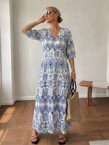 Vivie Lora Women's Minimalist Printed V-Neck Short Sleeve Dress Vacation Outfits Women - Blue - View 4