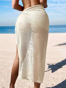 SHEIN Swim Women's Solid Color Lace Up Casual Vacation Cover Up With High Slits Summer - Beige - View 2