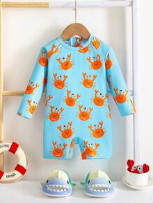 Baby Boy/Girl Comfortable Cute Sea Turtle & Shell Striped Print Long Sleeve Cover Up Swimsuit, Suitable For Outdoor, Vacation, Swimming, Hot Spring, Beach, Surfing, Spring/Summer - Blue - View 5