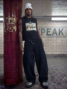 AXEPEAK 男士纽扣前开襟阔腿宽松休闲牛仔裤 - 藍色 - 查看 7