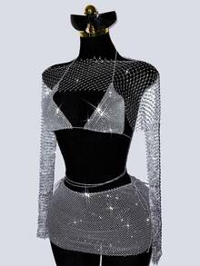 SHEIN DivaQ Bộ đồ dự tiệc 2 mảnh dành cho nữ: áo tay dài và chân váy ngắn phối sequin gợi cảm. - Màu Xám nhạt - Xem 6