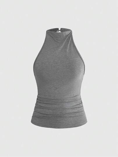 ROMWE Grunge Punk Spring/Summer Y2K Versatile All-Match Solid Color High Neck Backless Cropped Tank Top