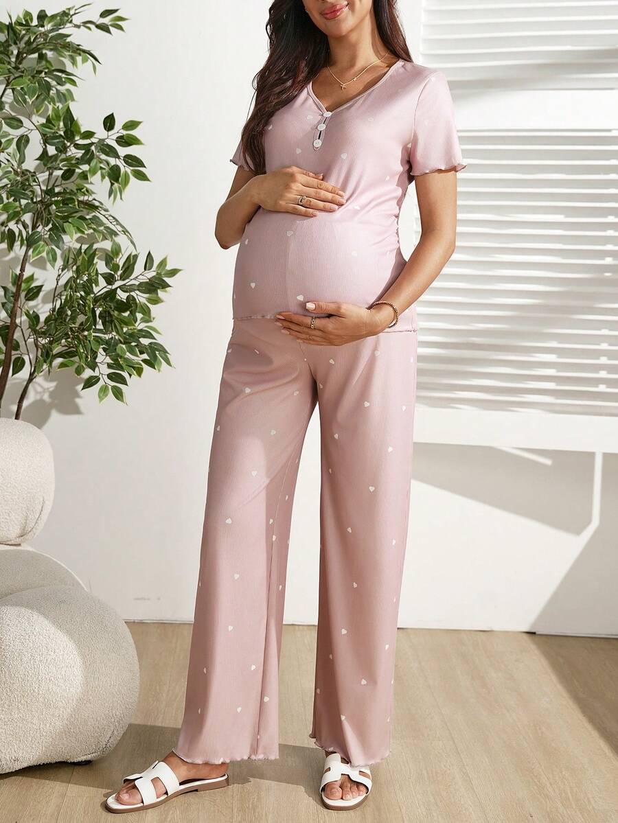 SHEIN 孕妇V领爱心印花短袖T恤+休闲裤套装，夏季 - 藕粉色 - 查看 1