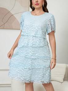 Reflora Đầm ngắn tay peplum cổ tròn ren hoa thanh lịch dành cho nữ cỡ lớn - Màu xanh lam - Xem 5