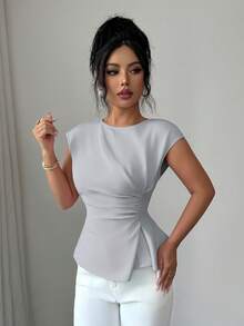Elenzga 女款優雅灰色夏季辦公襯衫，腰部抓褶常規上衣，適合春季戶外婚禮與度假 - 灰色 - 查看 5