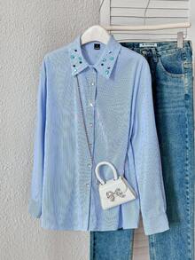 Modelyn Women's Rhinestone Decor Striped Long Sleeve Single-Breasted Casual Shirt - Blue - View 9
