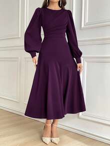 Modelyn Women's Solid Color Round Neck Lantern Sleeve Pleated Long Elegant Dress, Autumn Long Evening Dresses - Red Violet - View 7