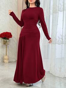 Feyla Đầm dài tay ôm vai thanh lịch màu trơn dành cho nữ - Màu Đỏ Sâu - Xem 6