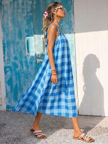 Vivid Eden Spring/Summer Casual Vacation Square Neck Backless Tie Dual-Color Plaid Print A-Line Slip Dress For Women - Blue - View 7
