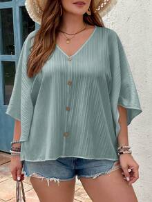 SHEIN VCAY Plus Size Textured Batwing Sleeve V-Neck Blouse - Dusty Blue - View 4