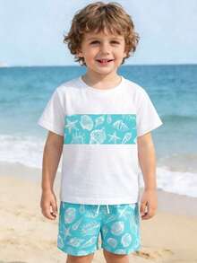 Young Boys' Ocean Shell Print T-Shirt Set, Vacation Style T-Shirt With Patchwork Shell Print Shorts, Fashion Holiday T-Shirt Set For Spring/Summer - Blue - View 3