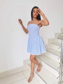 Natali Santanap Đầm ngắn ôm sát gợi cảm kiểu vintage đỏ trắng kẻ caro dành cho nữ, viền bèo nhún, thắt eo, thích hợp cho các dịp lễ hội. - Xanh và trắng - Xem 4