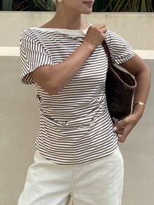 DAZY Áo thun cổ thuyền kẻ sọc dáng rộng dành cho nữ, thích hợp cho mùa xuân và mùa hè. - Màu be - Xem 7