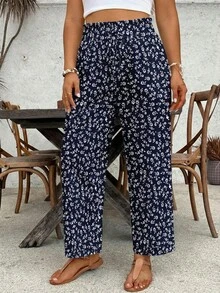 SHEIN VCAY 大码女式休闲沙滩度假碎花纸袋腰宽松直筒裤 - 藏蓝色 - 查看 1