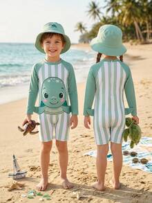 SHEIN Áo tắm liền thân dệt kim họa tiết rùa biển hoạt hình dễ thương dành cho bé trai, thích hợp cho bãi biển, kỳ nghỉ và bơi lội. - Màu xanh lam - Xem 2