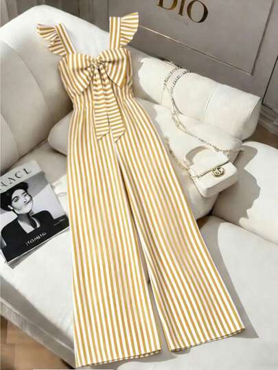 GlowEve Bộ jumpsuit nữ thời trang năng động kẻ sọc hoa văn, eo thon, dây mảnh, tay bồng, nơ bướm, thích hợp cho mùa xuân/hè, đi học, nghỉ lễ, tốt nghiệp, Ngày Valentine, Giáng sinh, lễ hội âm nhạc, Ngày của Mẹ, Halloween, Lễ Tạ ơn, Lễ Phục sinh, Ngày Quốc khánh, dạ hội, sinh nhật, hẹn hò, đám cưới, hoạt động ngoài trời.