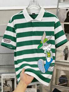 LOONEY TUNES X SHEIN Manfinity Joysei Men's Cartoon Print Green And White Striped Polo Shirt - Green - View 1