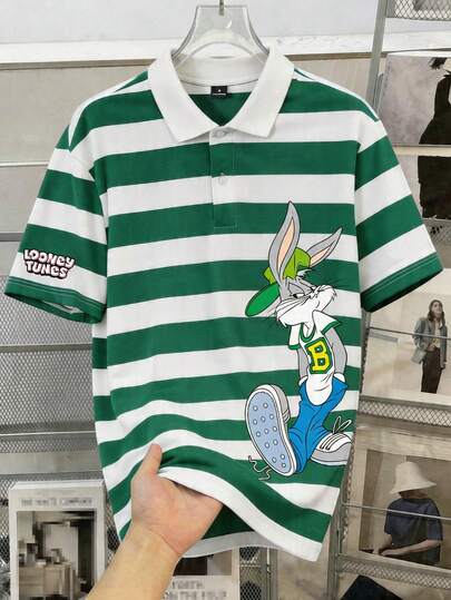 LOONEY TUNES X SHEIN Manfinity Joysei 男士卡通印花绿白条纹Polo衫