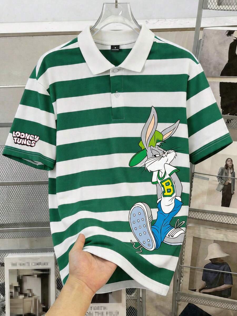 LOONEY TUNES X SHEIN Manfinity Joysei Men's Cartoon Print Green And White Striped Polo Shirt - Green - View 1