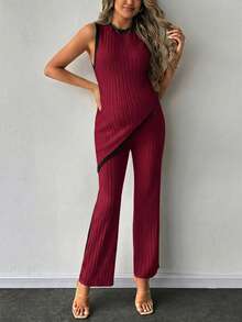 SHEIN 2 piezas Conjunto de top de tirantes acanalado y pantalones con dobladillo asimétrico para maternidad - Rojo - Ver 5