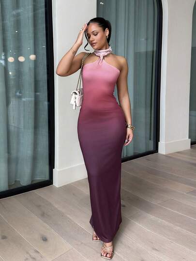 LHSEPT 女士优雅性感金属扣装饰镂空修身黑色针织弹力长裙，渐变色安哥拉红印花，优雅