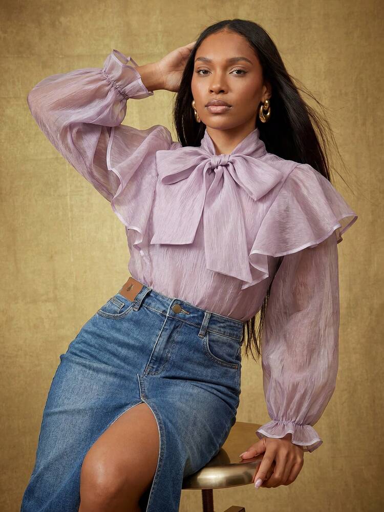 French Elegant Romantic Pink Organza Lantern Petal Sleeve Tie Bow Blouse