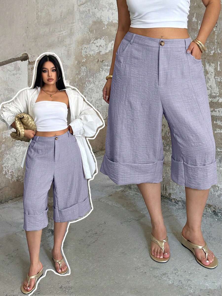 POPSWAY Elegant Fashion Design Cuffed Hem 3/4 Pants, High Waist Wide Leg Loose Slimming Versatile Casual Pants For Spring, Summer Beach Vacation Light Purple - Dusty Purple - View 1