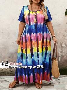 SHEIN CURVE+ 大码女式彩色印花短袖方领连衣裙，沙滩度假连衣裙，修身设计，Hoho Vacationbeach 女士套装/沙滩连衣裙/沙滩度假套装/沙滩必备/毕业礼服/下午茶礼服 - 彩色 - 查看 7