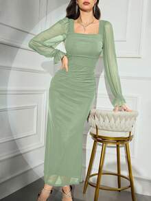 Modelyn Women's Solid Color Mesh Contrast Long Sleeve Casual Dress Long Evening Dresses - Green - View 6