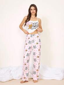 TOM & JERRY X SHEIN 女士字母卡通印花吊带背心和裤子休闲家居服睡衣套装 - 淺粉色 - 查看 1