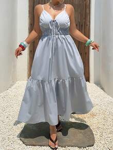 Dazy Plus Vestido elegante de talla grande de unicolor con empalme, espalda sexy para vacaciones en la playa, gris azul, vestido maxi de longitud midi con tirantes de espagueti para primavera/verano, vestidos de sol para mujeres - Neblina azul - Ver 4